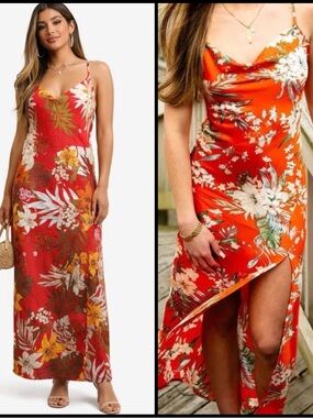 Paper Heart Cowl Neck Satin Rust  Leg Slit Coquette Floral Slip Maxi Dress L